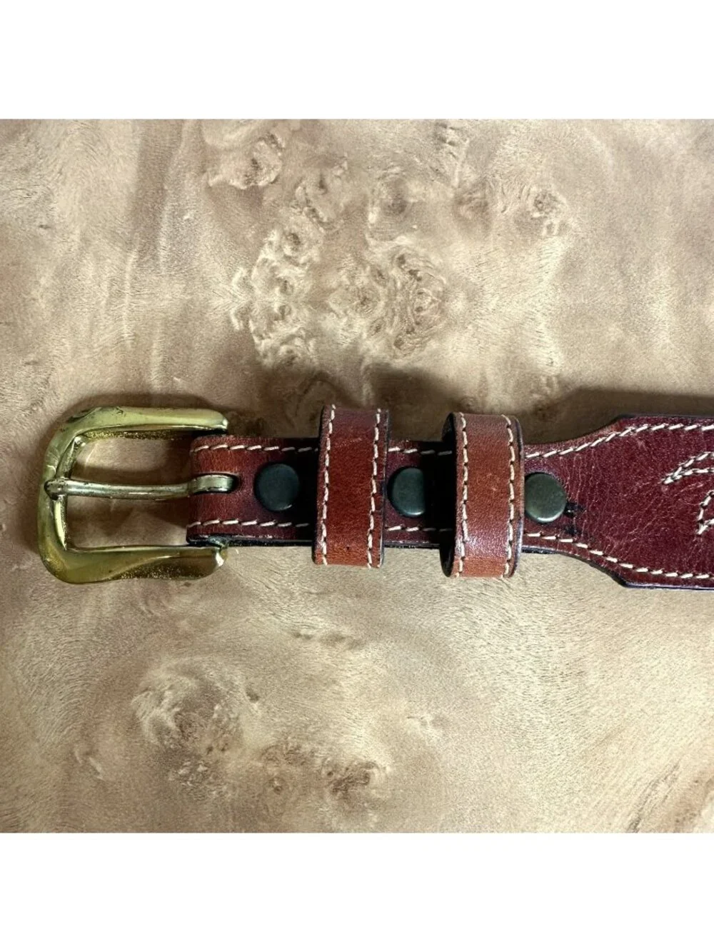 Larry Mahan Western Leather Belt Brown Tooled Inlay Solid Brass Buckle Size 28